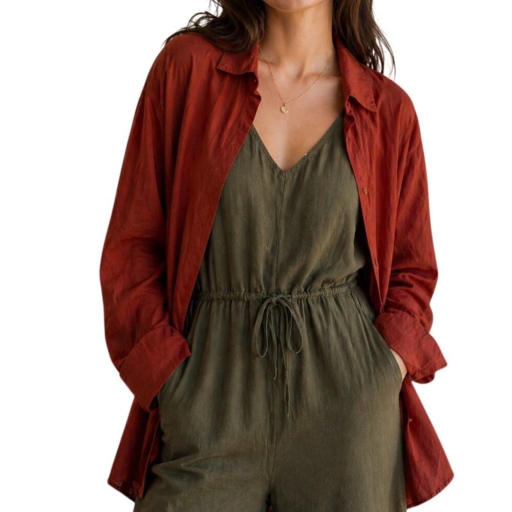 Eileen Fisher Longline Tunic Womens Large Rust Cotton Classic Button Top